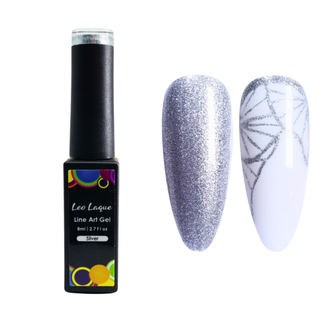 A bottle of Leo Laque Line Art Gel nail polish in silver, shown next to two artificial nail tips demonstrating the finish: one with dense silver glitter and one with silver line art on a white base.