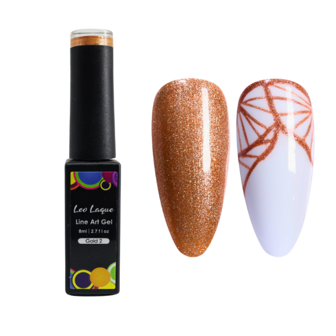 A bottle of Leo Laque Line Art Gel nail polish shown next to two artificial nail tips demonstrating the finish: one with the orange glitter polish applied, and one with a white base and orange line pattern.