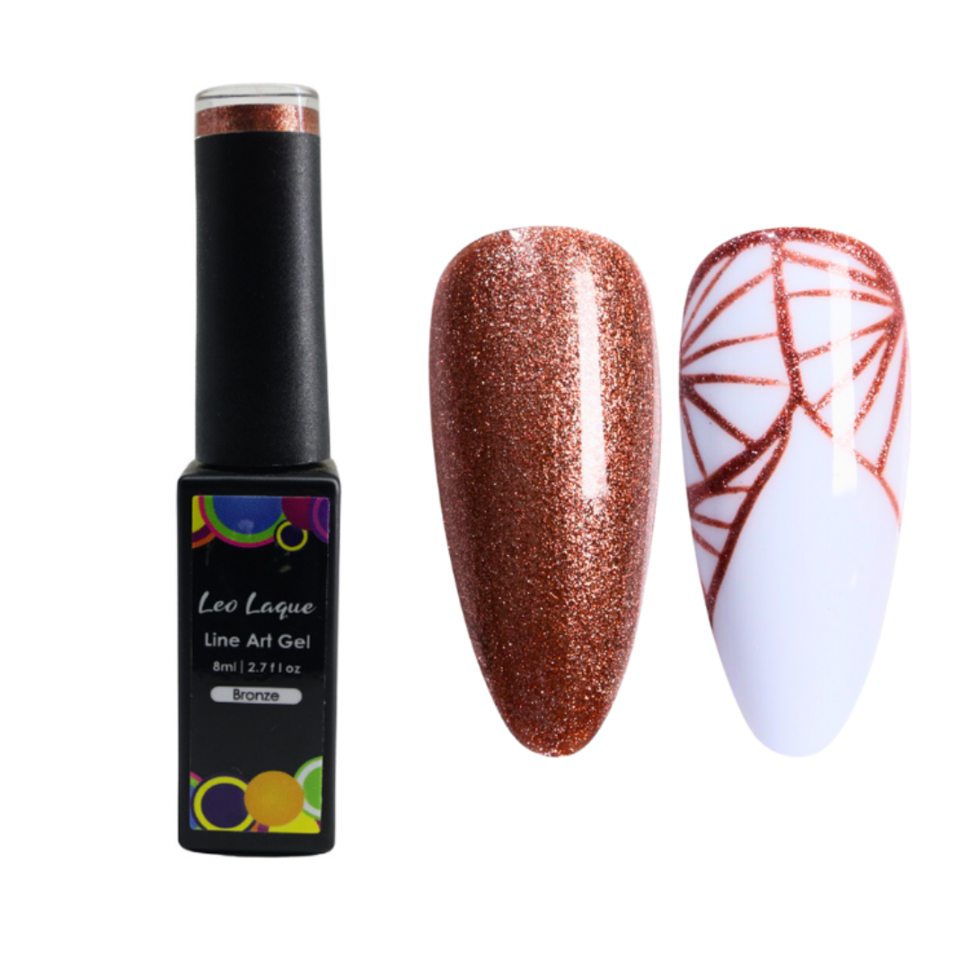 A bottle of Leo Laque Line Art Gel nail polish in Bronze, shown next to two artificial nail tips demonstrating the finish: one fully coated in glittery bronze polish, and another showing a white base with a bronze line-art geometric pattern.