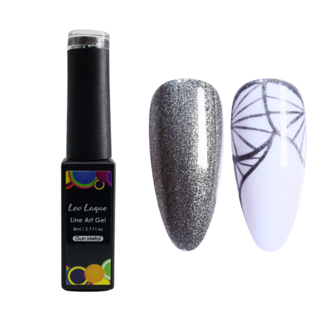 A bottle of Leo Laque Line Art Gel nail polish shown next to two artificial nail tips demonstrating the finish: one with a sheer glittery gray base and one with a white base and black line art pattern.