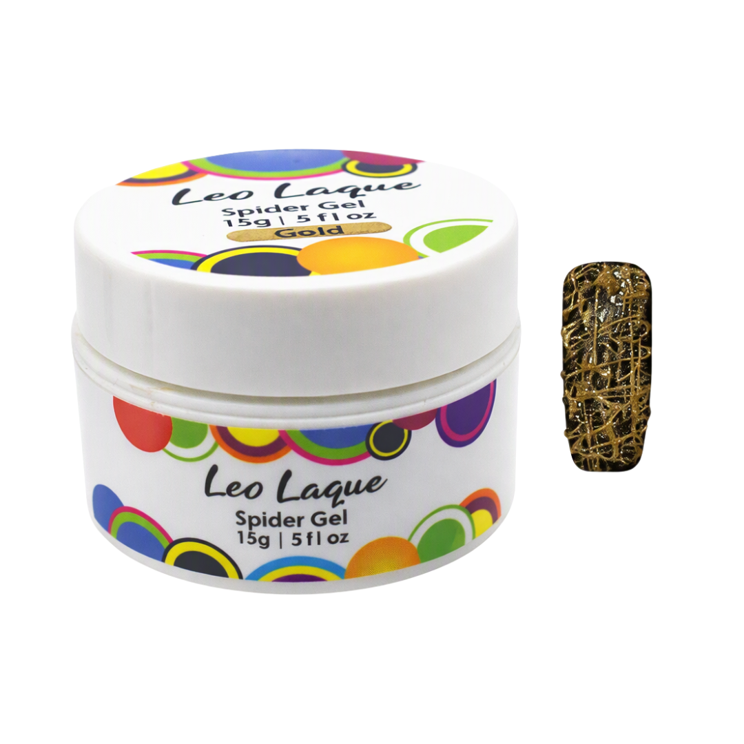 A white plastic jar of Leo Laque Spider Gel in the shade Gold, shown next to a nail tip swatch displaying the metallic gold web-like pattern of the gel.