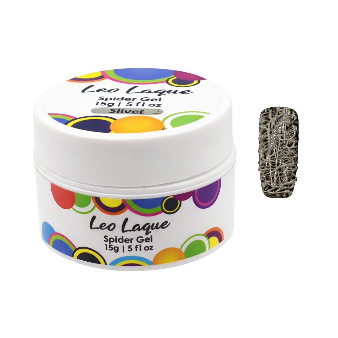 A white plastic jar of Leo Laque Spider Gel in the shade Silver, shown next to a nail tip swatch displaying the silver glittery web-like pattern of the gel.