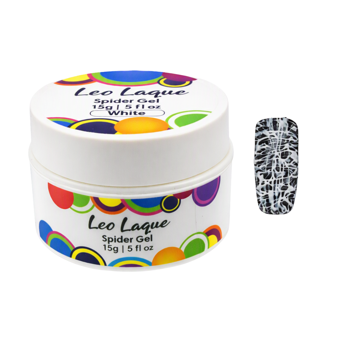 A white jar of Leo Laque Spider Gel nail polish in White, shown next to a nail swatch displaying the black and white spiderweb pattern.