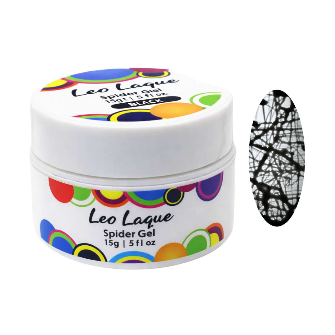 A white plastic jar of Leo Laque Spider Gel nail polish in the shade Black, shown next to an oval swatch displaying the black spiderweb pattern on a white background.