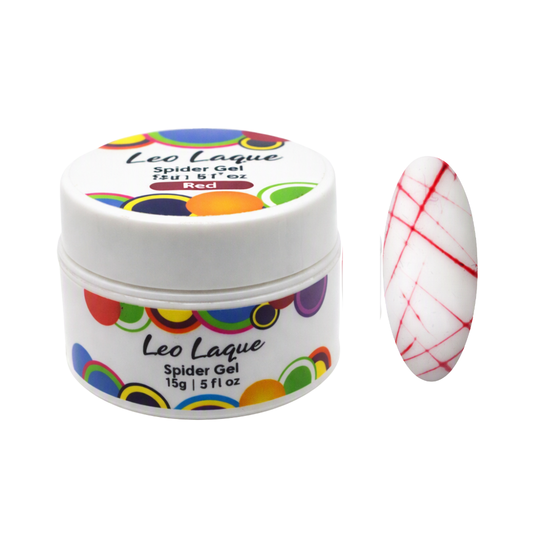 A white plastic jar of Leo Laque Spider Gel nail polish with a colorful pattern of overlapping circles on the label and lid, shown next to a nail tip swatch displaying the red and white spiderweb design.