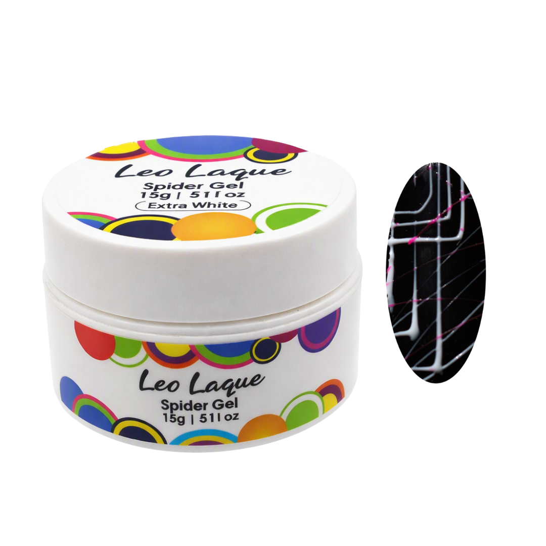 A white plastic jar of Leo Laque Spider Gel nail polish remover with a colorful circular pattern on the label, shown next to an oval black swatch displaying the white spider-web pattern of the gel.
