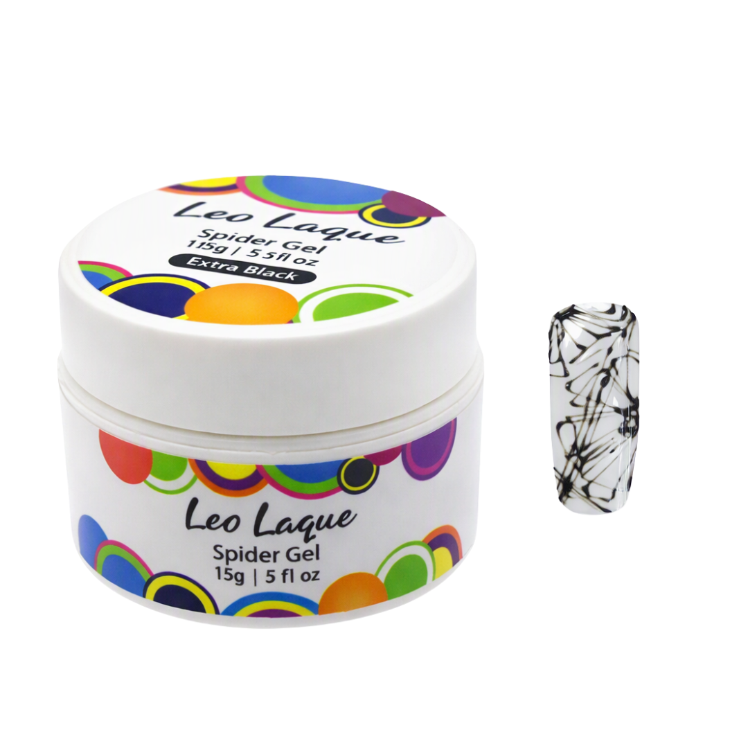 A jar of Leo Laque Spider Gel nail polish in the shade Extra Black, shown next to a nail tip swatch displaying the black spiderweb pattern on a white background.