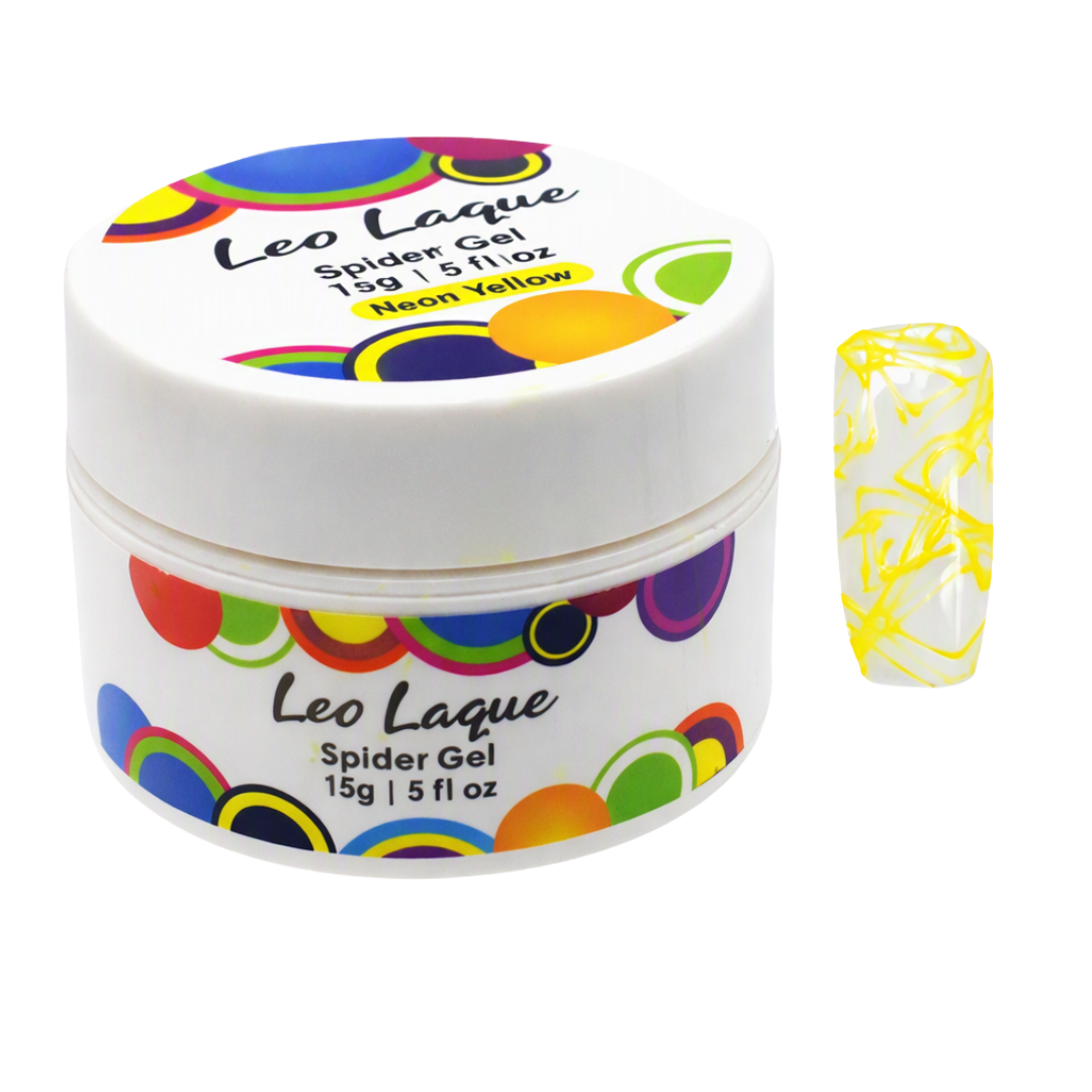 A white plastic jar of Leo Laque Spider Gel nail polish in the shade Neon Yellow, shown next to a sample nail tip displaying the yellow marbled gel pattern.