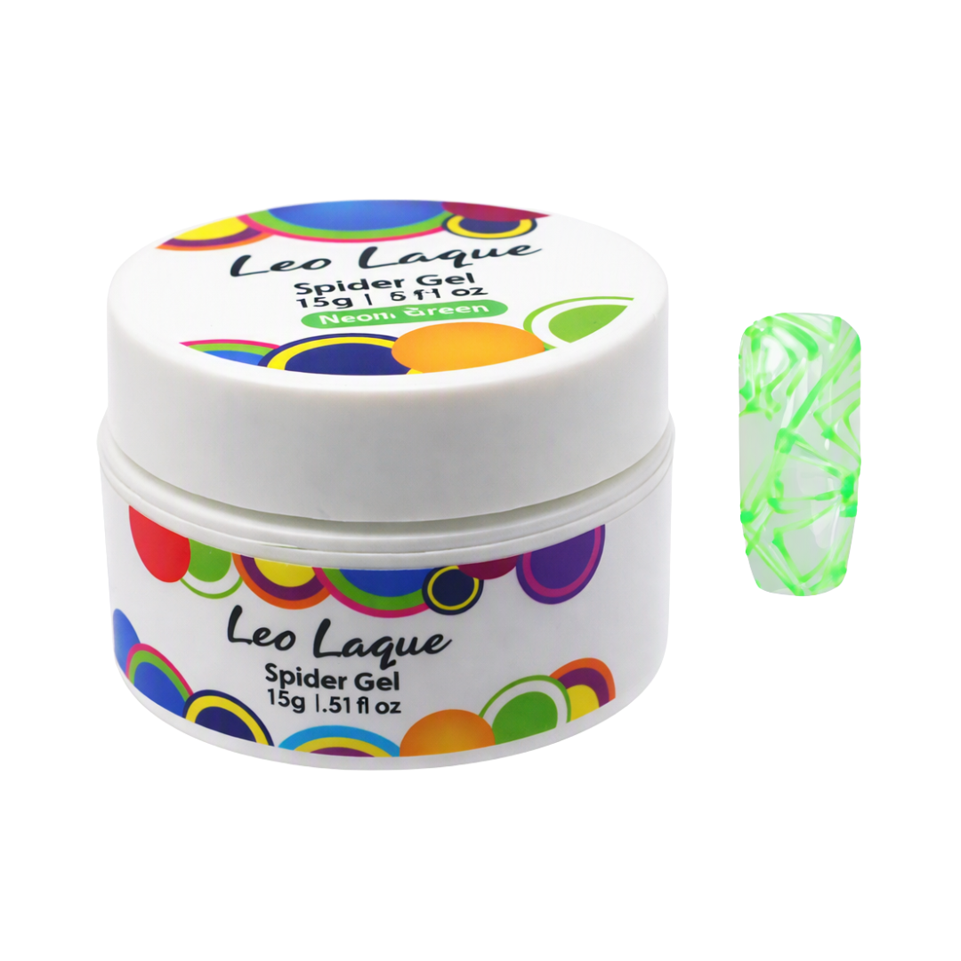 A white jar of Leo Laque Spider Gel nail polish in the shade Green, shown next to a swatch of the green marbled gel on a plain white background.