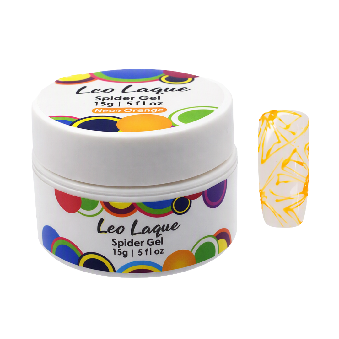A white jar of Leo Laque Spider Gel nail polish with a colorful circular label, shown next to a nail tip swatch displaying the yellow and white spiderweb pattern.