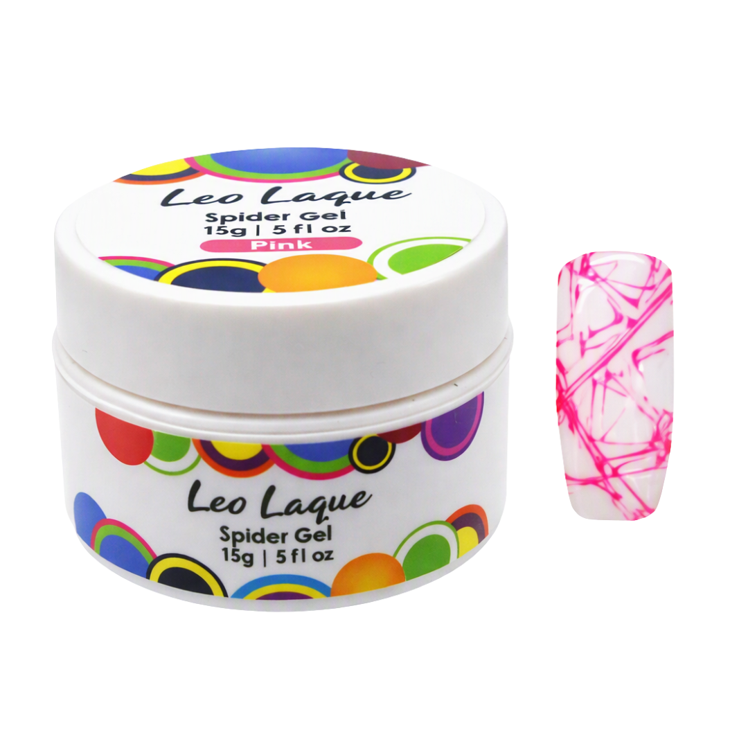 A jar of Leo Laque Spider Gel nail polish in Pink, shown next to a nail tip swatch displaying the pink spiderweb pattern on a white base.