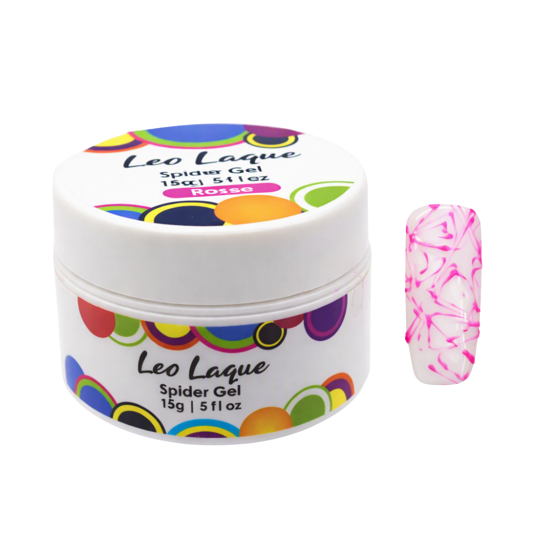 A white jar of Leo Laque Spider Gel nail polish with a colorful circular pattern on the label, shown next to a nail tip swatch displaying the pink and white marbled spiderweb design.