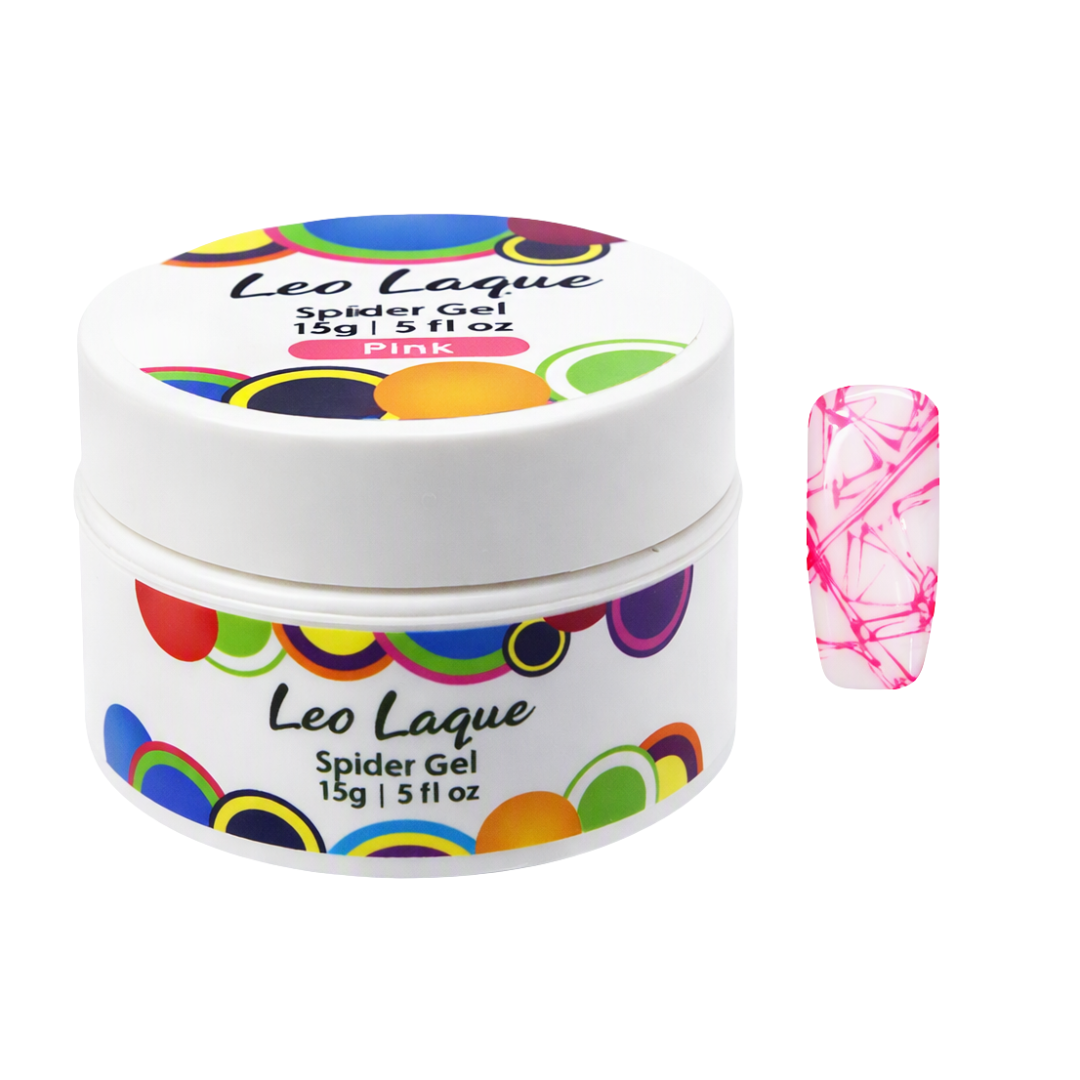 A white jar of Leo Laque Spider Gel nail polish in Pink, shown next to a nail tip swatch displaying the pink and white web-like pattern of the gel.