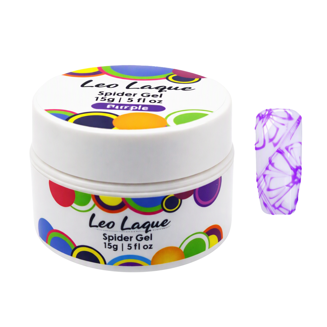 A white plastic jar of Leo Laque Spider Gel nail polish in the shade Purple, shown next to a nail tip swatch displaying the purple spiderweb pattern.