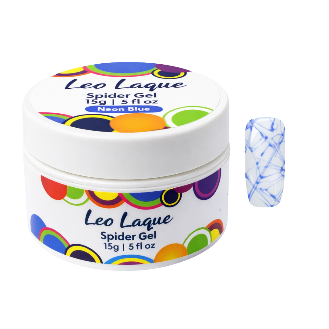 A white plastic jar of Leo Laque Spider Gel in the shade Neon Blue, shown next to a nail swatch displaying the blue spiderweb pattern on a white background.
