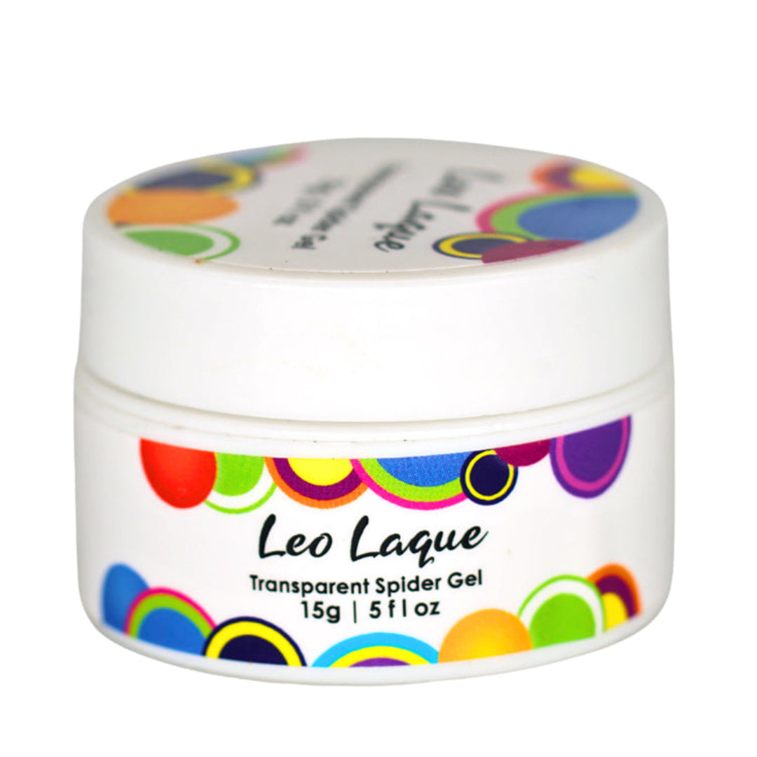 A white plastic jar of Leo Laque Transparent Spider Gel with a colorful circular pattern on the label and lid, set against a plain white background.