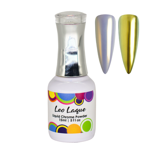 A bottle of Leo Laque Liquid Chrome Powder nail polish with a white label and silver cap, shown next to two artificial nail tips displaying the iridescent chrome finish in silver and gold.