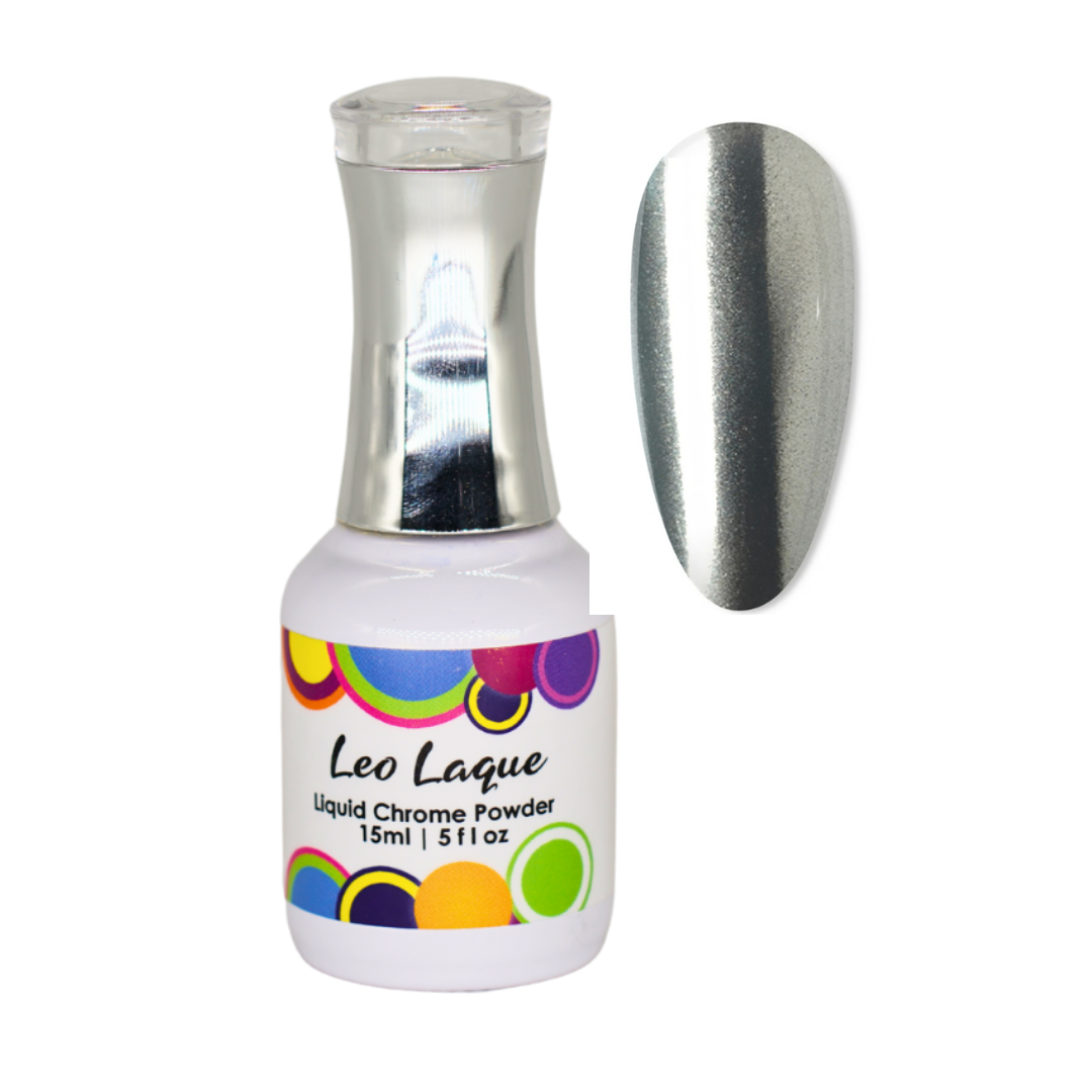 A bottle of Leo Laque Liquid Chrome Powder nail polish with a silver metallic swatch shown next to it on a white background.