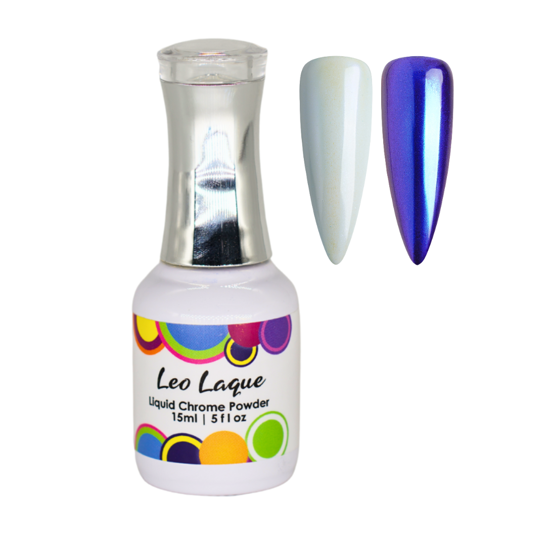 A bottle of Leo Laque Liquid Chrome Powder nail polish shown on a white background, with two artificial nail tips displaying the finish: one in a pale icy blue and one in a deep metallic cobalt blue.