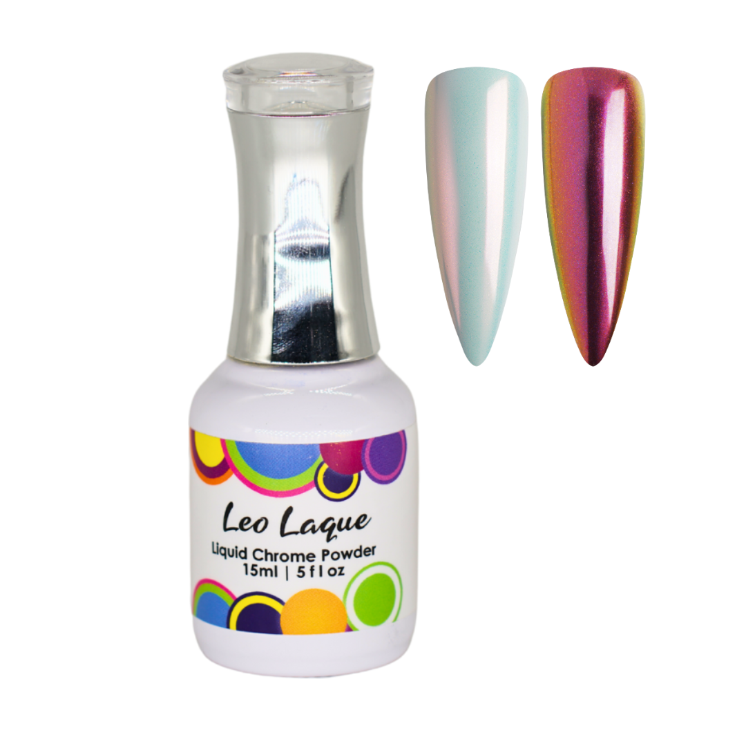 A bottle of Leo Laque Liquid Chrome Powder nail polish with a silver cap and a white label featuring colorful circular patterns. Two artificial nail tips are shown beside the bottle, displaying the chrome finish: one in a pale mint green and one in a metallic pink with a green/yellow iridescent shift.