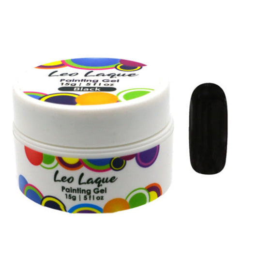 A container of LeoLaque Painting Gel with a colorful lid, alongside a small, solid black nail swatch.