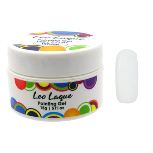 A white plastic jar of Leo Laque painting gel, shade White, shown next to a white nail tip swatch on a plain white background.