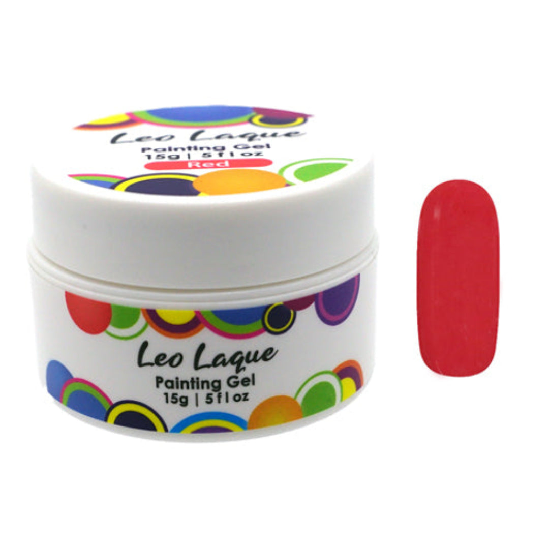 A white plastic jar of Leo Laque Painting Gel nail polish in the shade Red, shown next to a red nail swatch on a plain white background.