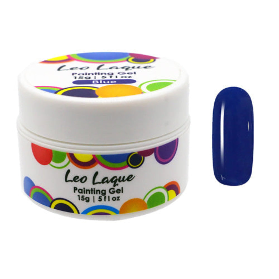 A white jar of Leo Laque Painting Gel nail polish in the shade Blue, shown next to a glossy blue nail swatch on a plain white background.