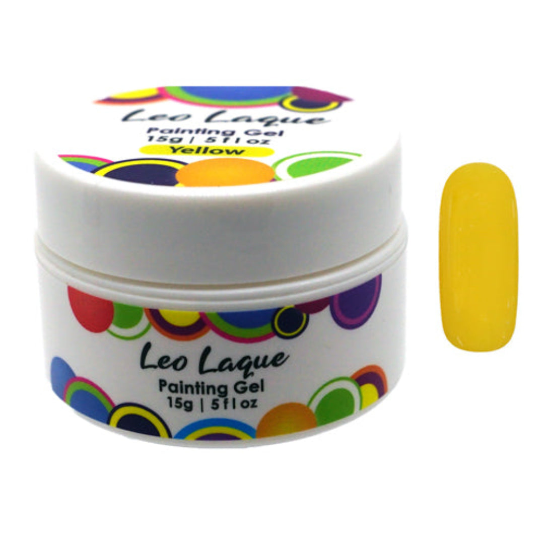A white plastic jar of Leo Laque Painting Gel in the shade Yellow, shown next to a vertical yellow nail color swatch on a plain white background.