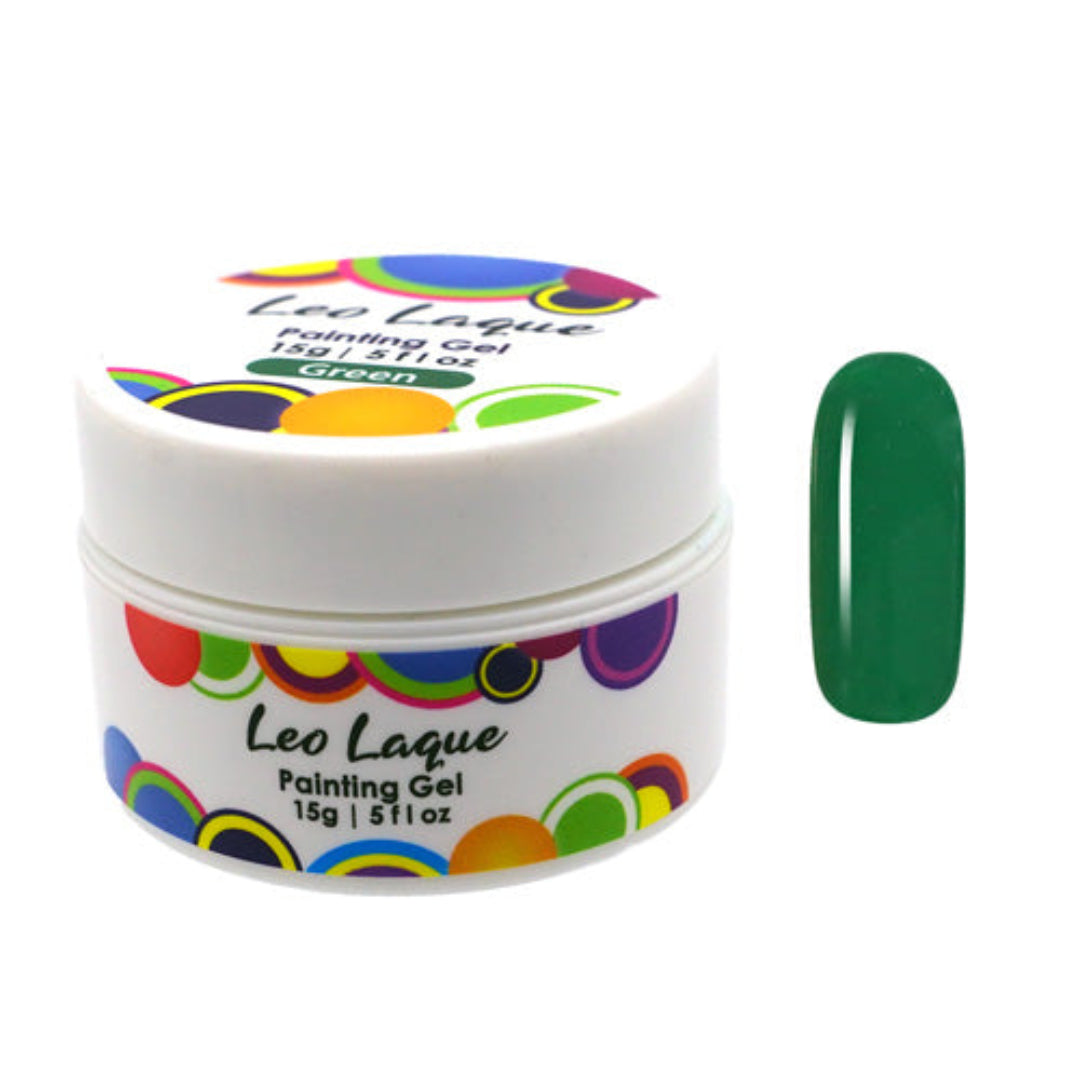 A white jar of Leo Laque Painting Gel in the shade Green, shown next to a vertical oval swatch displaying the vibrant green color of the gel.