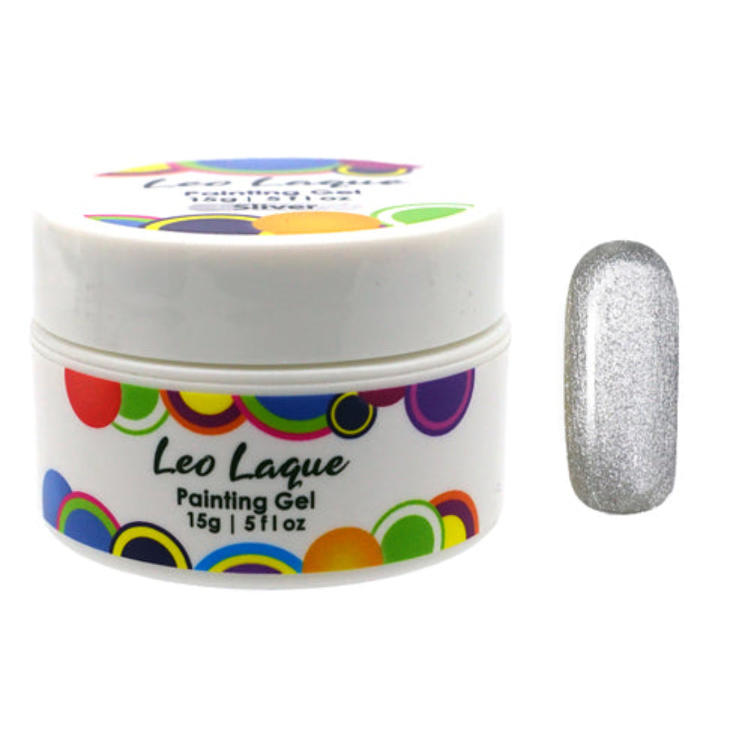 A jar of Leo Laque Painting Gel in the shade Silver, shown next to a nail tip swatch displaying the glittery silver color.