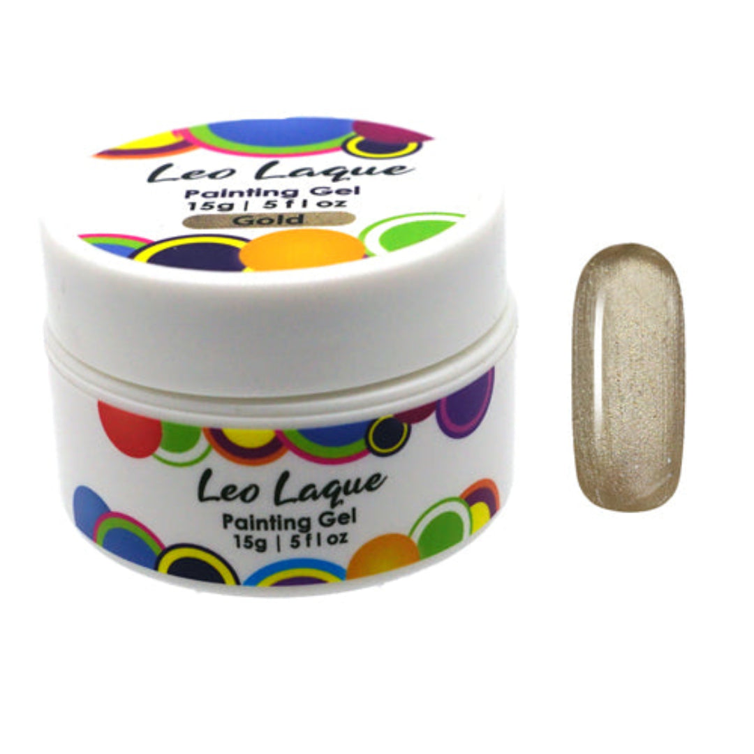 Leo Laque Gold Painting Gel in a white jar with a colorful circular pattern, shown next to a clear nail tip swatch filled with the gold glitter gel.