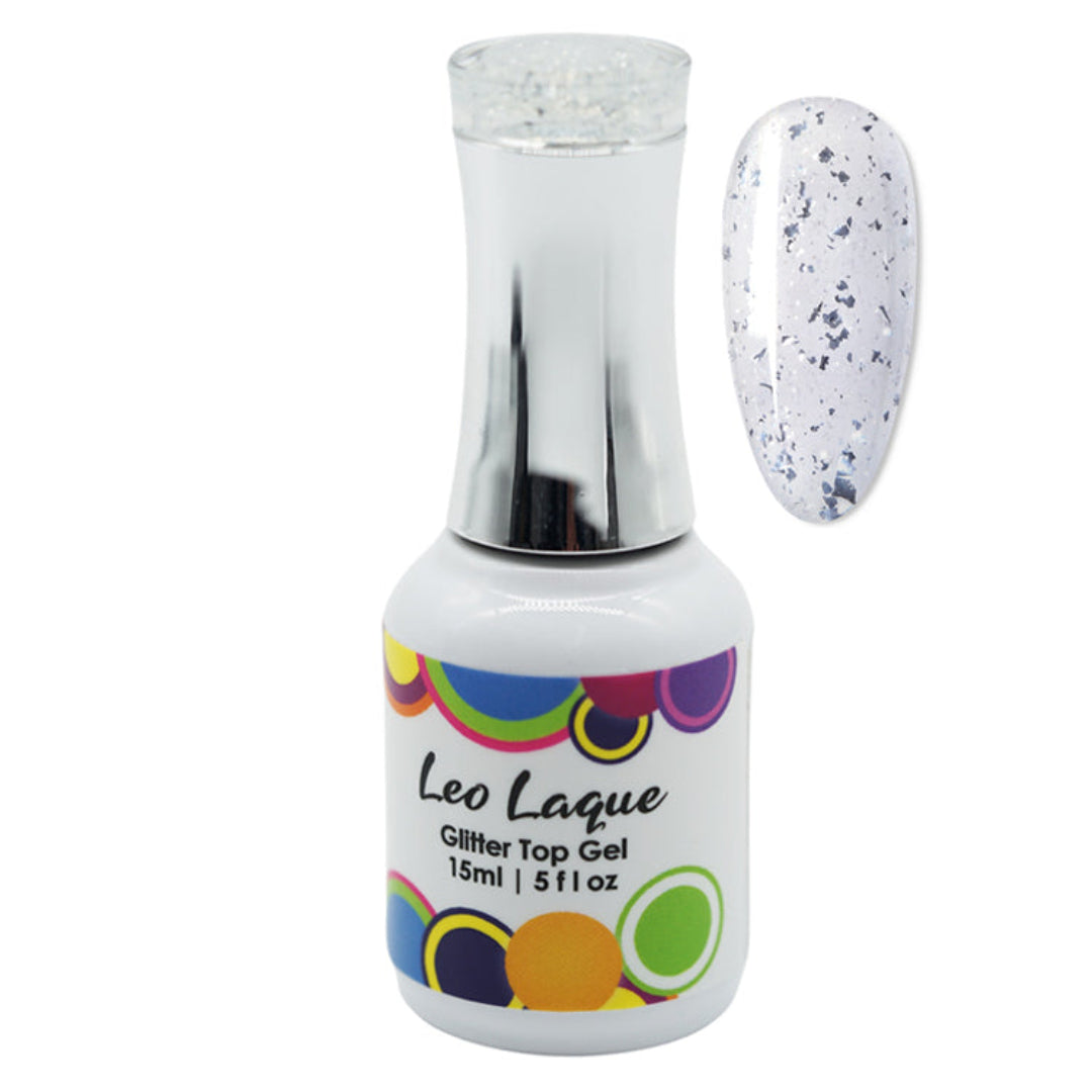 A bottle of Leo Laque Glitter Top Gel nail polish with a silver cap and a color swatch showing a white gel polish with silver glitter speckles.
