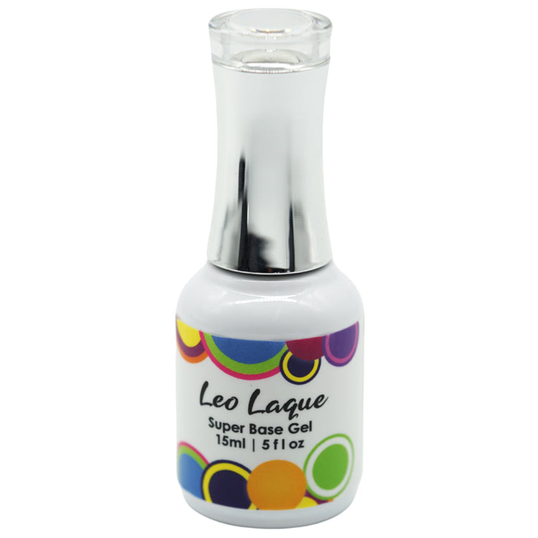 A bottle of LeoLaque Super Base Gel 15ml, with a colorful label featuring multicolored circles and the brand name prominently displayed.