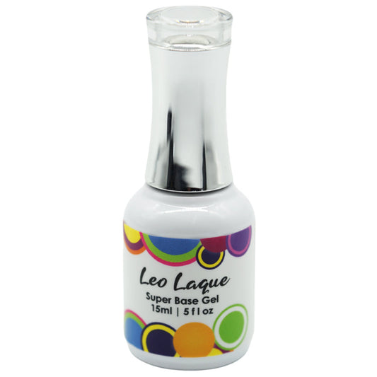 A bottle of LeoLaque Super Base Gel 15ml, with a colorful label featuring multicolored circles and the brand name prominently displayed.