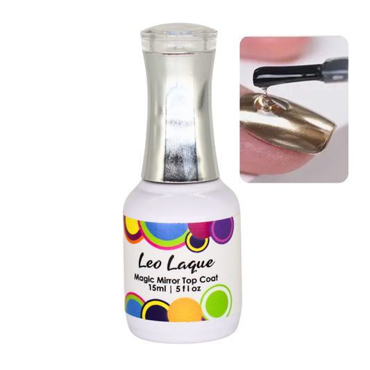 A bottle of Leo Laque Magic Mirror Top Coat nail polish with a silver cap and a colorful label, shown alongside an inset demonstrating the mirror effect on a gold nail tip.