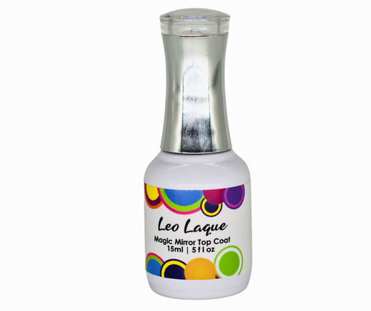 A bottle of Leo Laque Magic Mirror Top Coat Gel, with a colorful label featuring multicolored circles and the brand name prominently displayed.