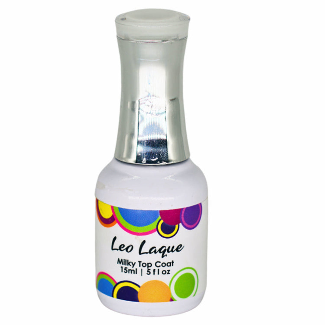 A bottle of Leo Laque Milky Top Coat Gel, with a colorful label featuring multicolored circles and the brand name prominently displayed.