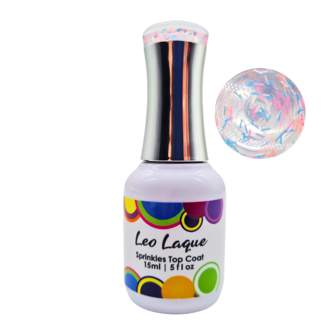 A bottle of Leo Laque Sprinkles Top Coat nail polish with a silver cap and a clear swatch showing colorful sprinkles, on a white background.