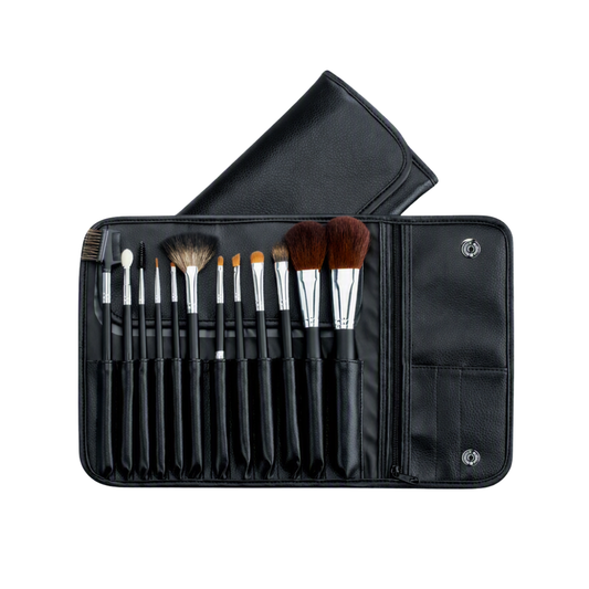 A 12-piece makeup brush set with black handles and silver ferrules, displayed inside an open black faux-leather carrying case with a matching fold-over pouch on a white background.