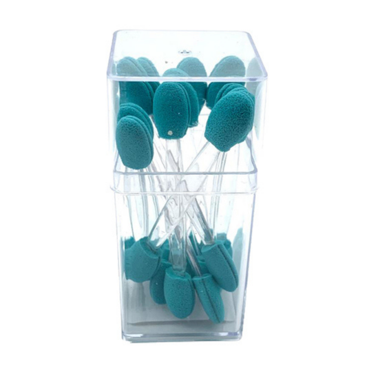 A clear plastic storage container holding multiple teal makeup sponge tips on clear sticks, shown against a plain white background.