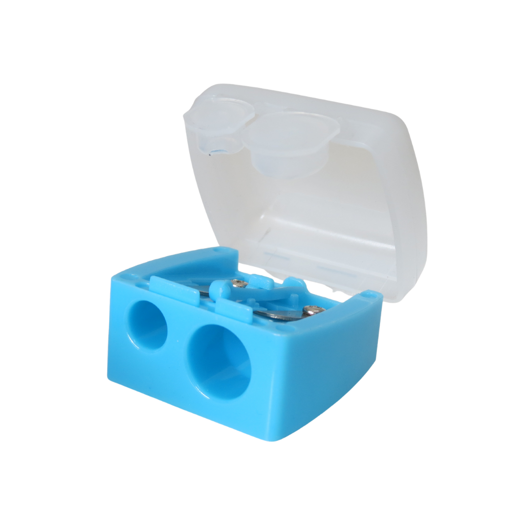 A blue plastic dual-hole pencil sharpener with an open translucent white lid, shown on a plain white background.