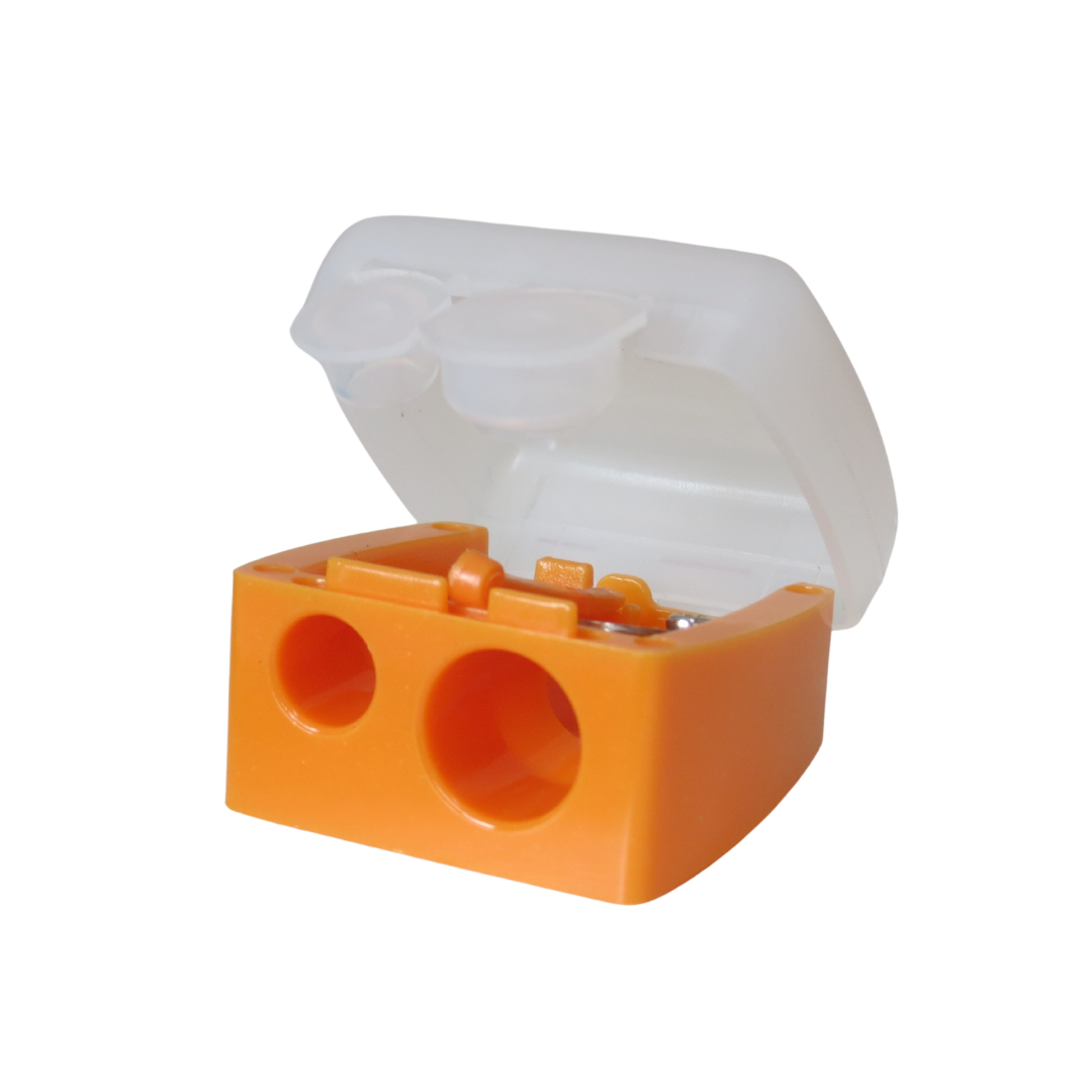 An orange plastic dual-hole pencil sharpener with a translucent white lid, shown open on a plain white background.