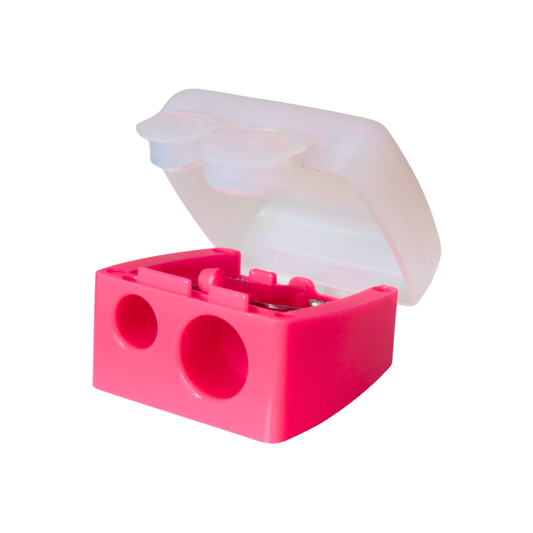 A bright pink plastic pencil sharpener with an open translucent white lid, shown on a plain white background.