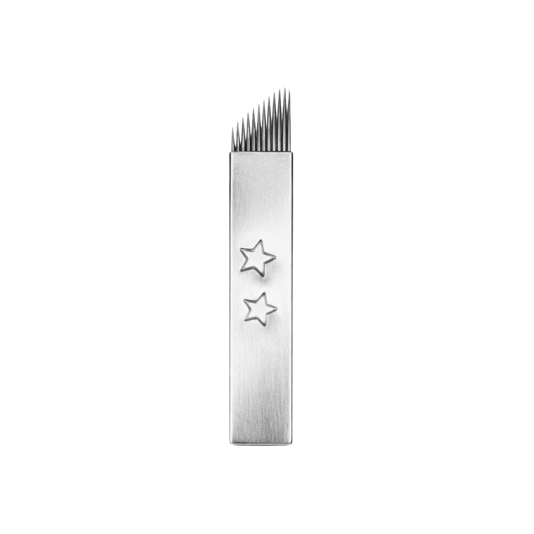 A silver metal micro-blading needle with two star-shapes on blade and a brushed finish, shown vertically on a plain white background.