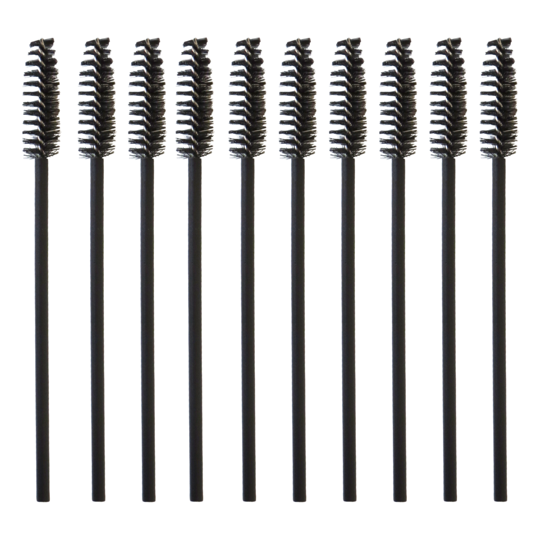 Ten black spoolie-style makeup brushes arranged in a row on a plain white background.