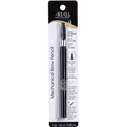 An Ardell dual blond eyebrow pencil with a fine pointed tip on one side and eyebrow brush on other side, designed for creating lines on eyebrows.