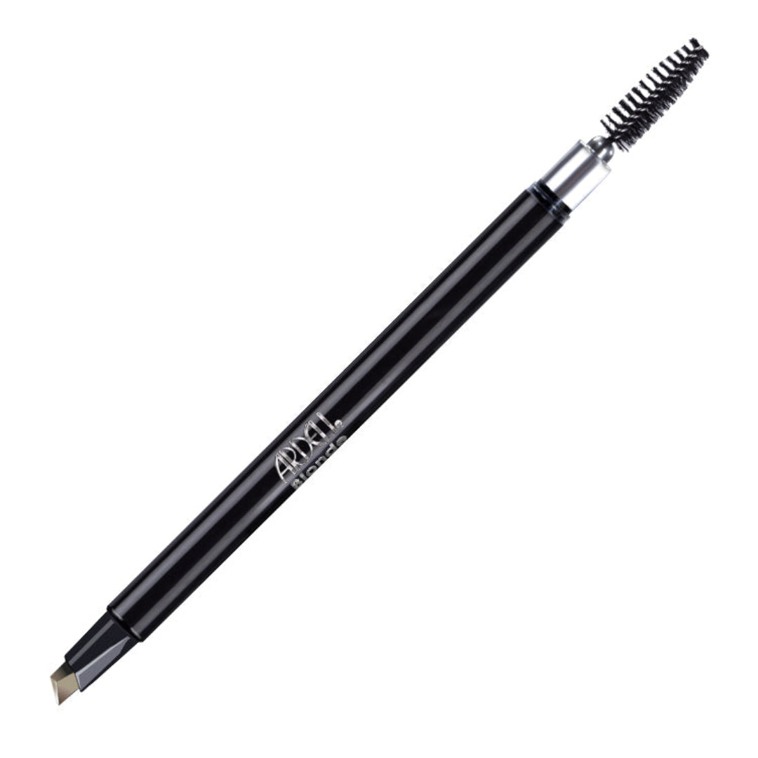 An Ardell dual black eyebrow pencil with a fine pointed tip on one side and eyebrow brush on other side, designed for creating lines on eyebrows.