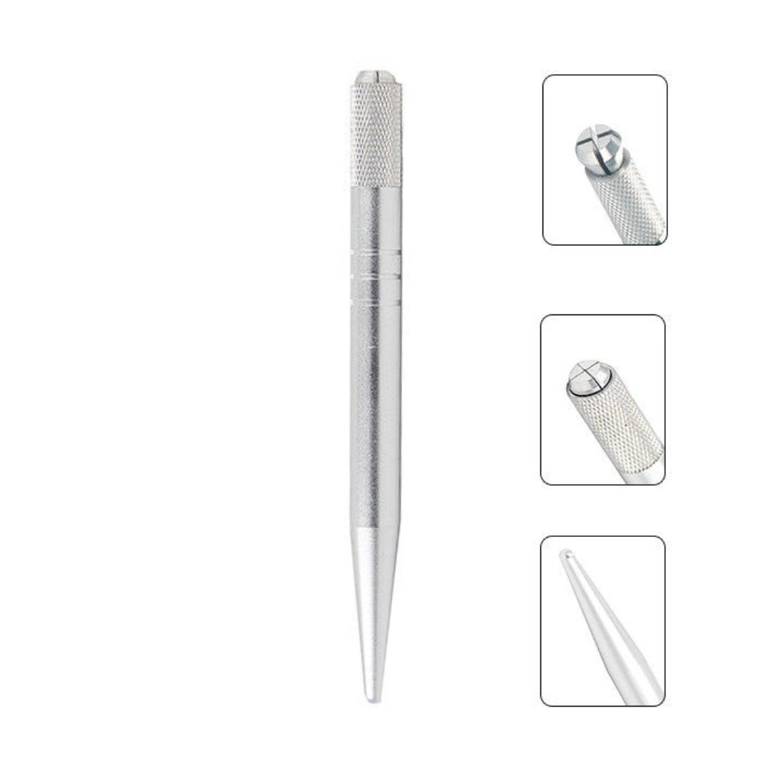 A silver metal precision micro blading tool with a knurled grip and pointed tip, shown vertically with three inset detail views on the right highlighting the textured handle, tip end, and fine point.