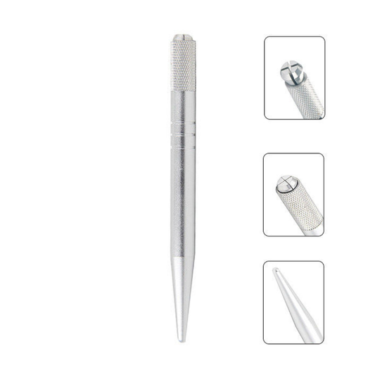 A silver metal precision micro blading tool with a knurled grip and pointed tip, shown vertically with three inset detail views on the right highlighting the textured handle, tip end, and fine point.